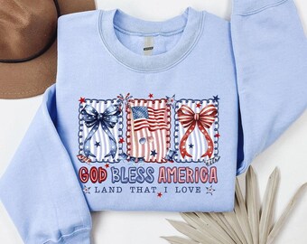 Sudadera vintage con lazo de la bandera de EE. UU., cuello redondo retro patriótico "Land That I Love", camiseta 1776
