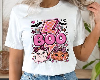 Cute Pink Halloween Ghost Shirt, Boo Pumpkin Tee, Girly Spooky Season Shirt, Coquette Fall Graphic, Halloween Gift