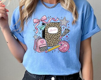Girls Back To School Shirt, Custom Name Leopard Letter Tee, Coquette Bow Pencil Backpack Shirt, Personalized Student Gift
