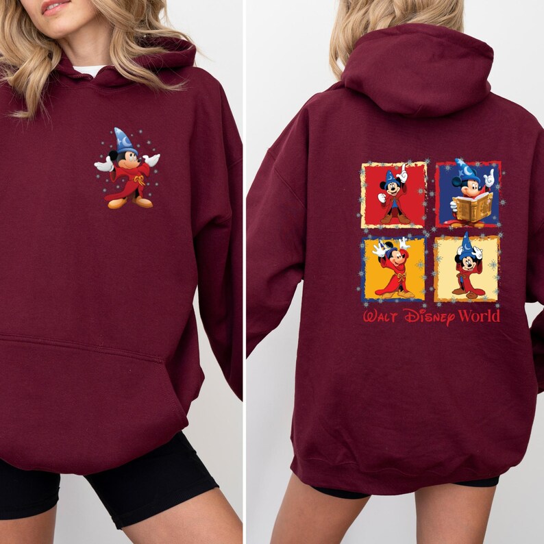 May include: Burgundy hooded sweatshirt with a Mickey Mouse graphic on the front and a Mickey Mouse graphic with the text "Walt Disney World" on the back.