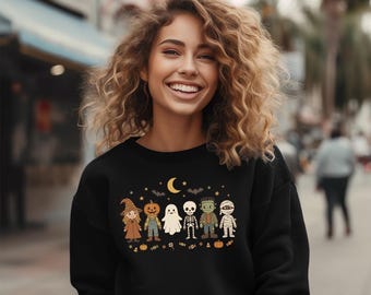 Halloween Sweatshirt, Retro Spooky Characters Crewneck, Cute Ghost Pumpkin Mummy Sweatshirt, Fall Graphic Pullover