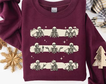 Funny Skeleton Halloween Sweatshirt, Retro Coquette Skeletons Crewneck, Cute Spooky Season Pullover, Vintage Fall Ghost Gift