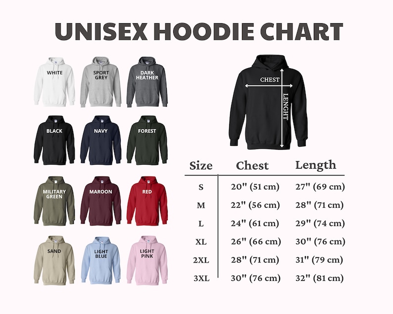 May include: Unisex hoodie size chart with measurements in inches and centimetres. The chart shows the chest and length measurements for sizes S, M, L, XL, 2XL, and 3XL.