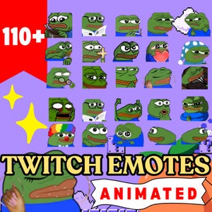 May include: A purple graphic featuring multiple green frog-like characters with various expressions. The image includes the text "110+", "TWITCH EMOTES", and "ANIMATED". Two yellow stars are also present.