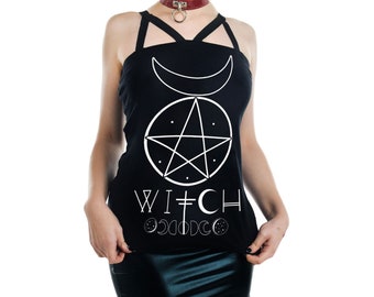 Gothic Pentagram and Moons Witch Moon Phases Black Strappy Tank Top