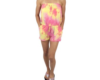 Tie Dye Romper Women, Strapless Tube Top Jumpsuit with Pockets, Boho Beach Cover Up, Festival Outfit, Summer Vacation Romper, Plus Size