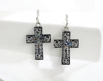 Pendientes colgantes de alambre francés texturizado con diseño vintage, pendientes de cruz de concha