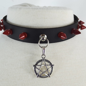 Steampunk Gothic Leather Choker Necklace | Pentagram Charm | Matte Red Spikes with Rivet