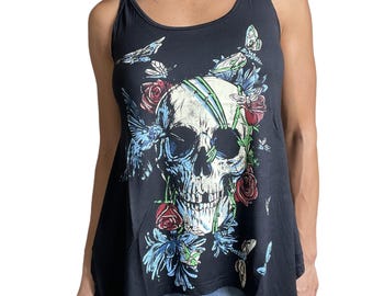 Gothic Skull & Flowers Tank Top: Lace Back, Bow Shoulders (Size Small)