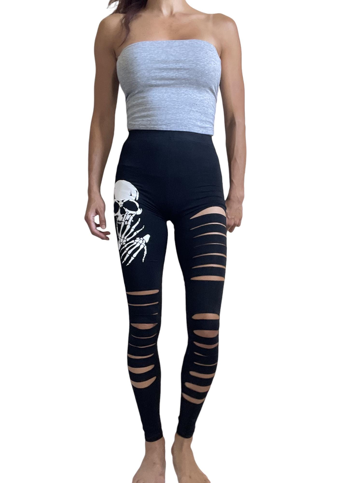 Gothic Grunge Skull and Hands Slashed Cutout Ripped Black Leggings XS ...