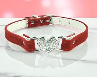 Velvet Dog Collar with Heart Charm: Faux Leather, Adjustable Buckle