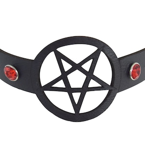 Gothic Black Leather Pentagram Laser Cut Choker with red crystal and Spiked Necklace