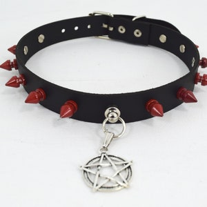 Gothic Punk Rock Emo Pentagram Charm Rivet Red Spikes Leather Choker Collar Necklace main image 1