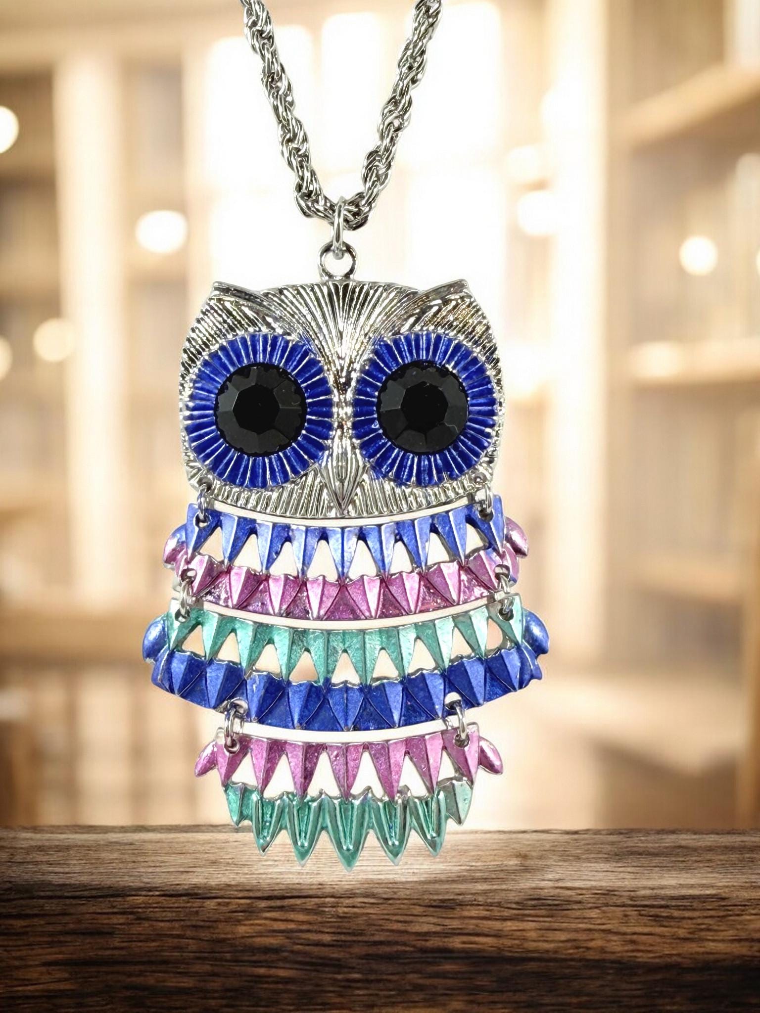 Hinged Owl Pendant Necklace, Pastel Blue Pink Green, 28" Chain