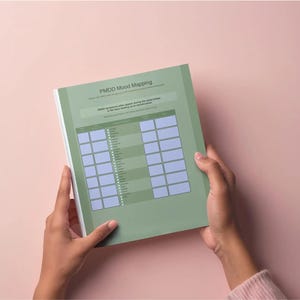 Peut inclure: Un livret de suivi PMDD Mood Mapping vert sauge avec une colonne centrale de symptômes à cocher et deux colonnes latérales de grilles rectangulaires bleu clair pour le suivi quotidien. La couverture porte le titre PMDD Mood Mapping.