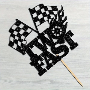 Black Sparkle racing cake topper ,Happy Birthday Cake Decor, checkered flag design &#39;two fast&#39; theme birthday party, car race cake supply DIY