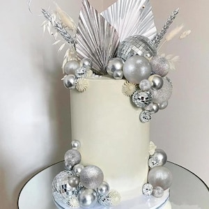 Ball Cake Picks Disco Ball Shaped Cake Topper, Silver Cake Topper for Cake Decor, Party, Bachelorette Party Baby Shower, 32pcs 4 sizes pack