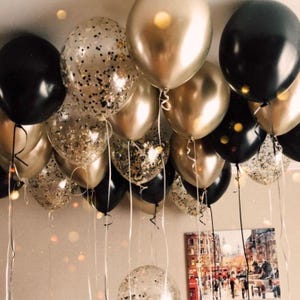 Globos de confeti con lentejuelas metálicas de color negro y dorado para decoración de fiestas de graduación, cumpleaños, bodas y Año Nuevo, globos de 10 pulgadas, 26 unidades