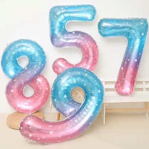 40in Number Balloon, Purple Blue Pink Large Starry Sky Aluminum Film Balloon, Birthday Party Decoration Rainbow Balloon Party DIY Girl Party