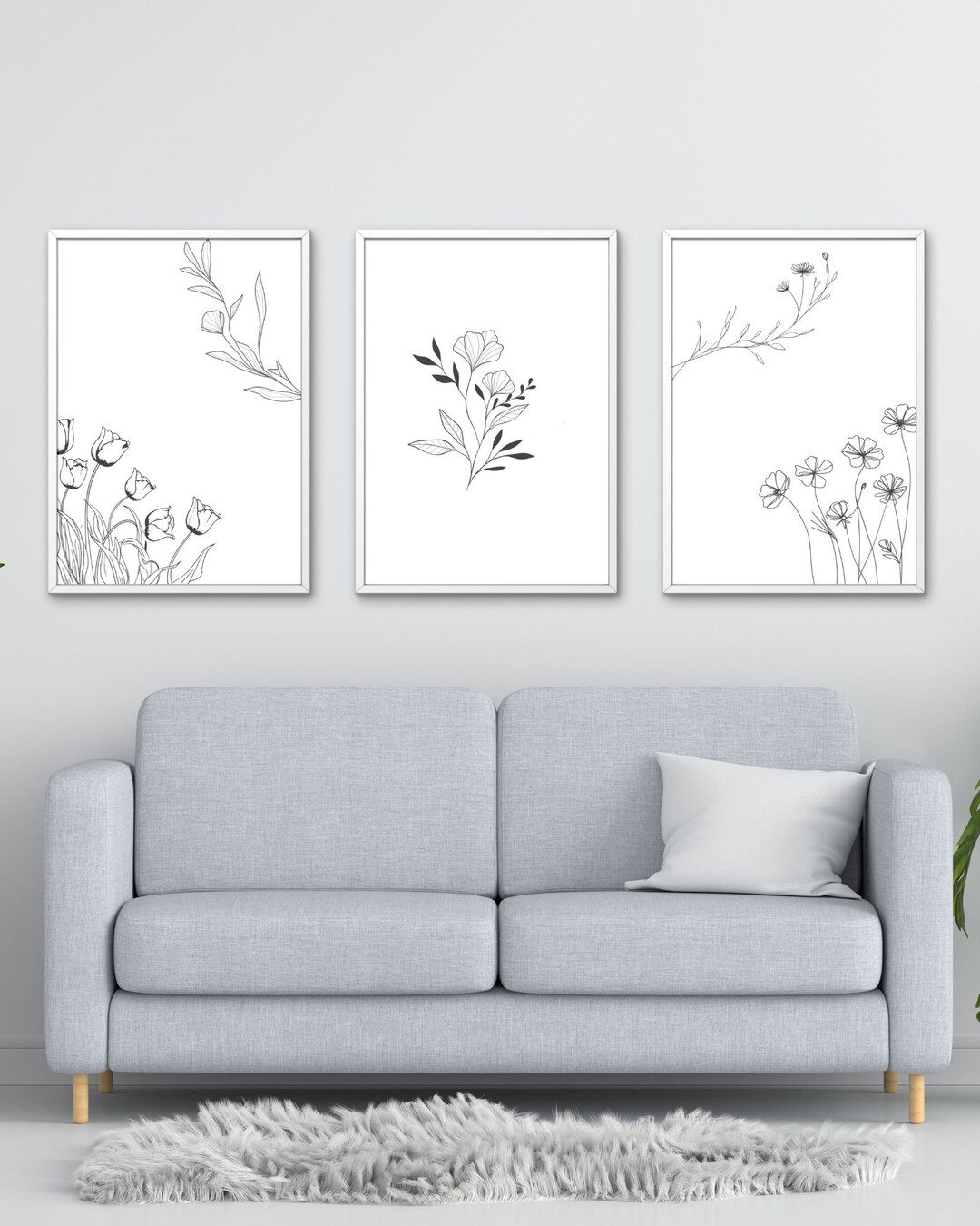 Set of 3 Minimalist Floral Line Art Prints, Flower Wall Decor, Elegant ...