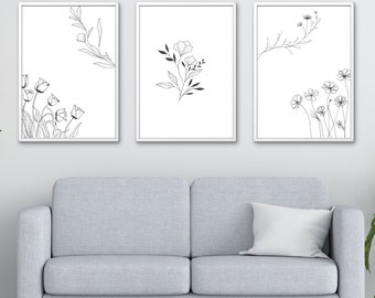 minimalist kitchen prints: line art botanical & still... Set of 3 Minimalist Floral Prints - Etsy