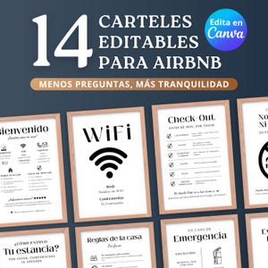 May include: A set of 14 framed signs in Spanish, ideal for Airbnb hosts. The signs provide information such as WiFi details, check-out instructions, and emergency contacts. The signs have a minimalist design with wooden frames.