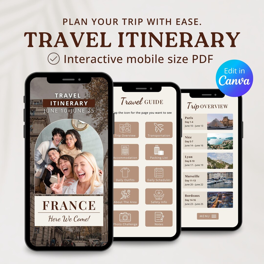 Mobile Travel Itinerary Template, Editable Canva Planner (digital ...