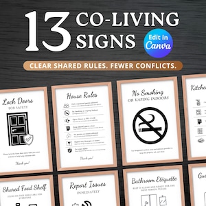 May include: A collection of 13 co-living signs with a wooden frame. The signs include rules for shared spaces, such as "Lock Doors," "House Rules," "No Smoking," and "Bathroom Etiquette." The signs are designed to promote clear rules and fewer conflicts.