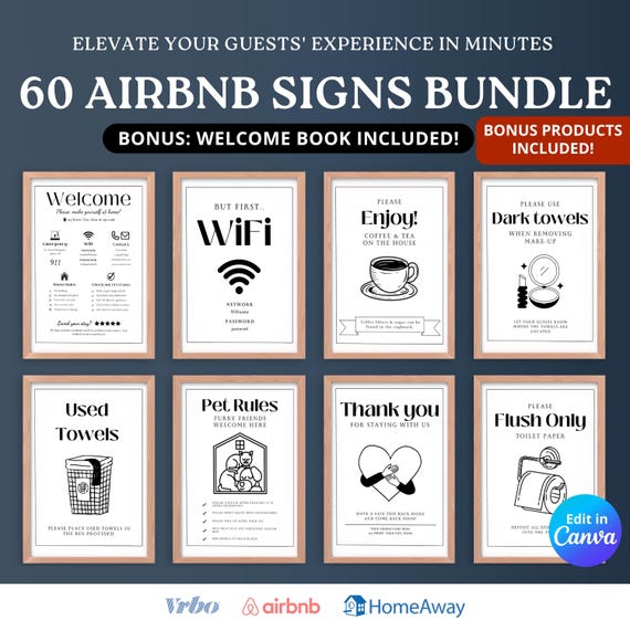 Airbnb signs bundle template, airbnb welcome sign, airbnb welcome book, wifi sign, House rules poster, airbnb checkout list, airbnb signage