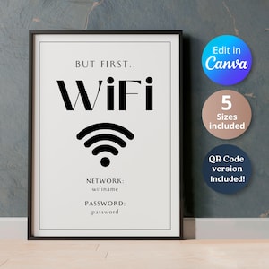 Plantilla editable de señal de WiFi con código QR de contraseña de red de invitados (Canva editable, descarga digital)