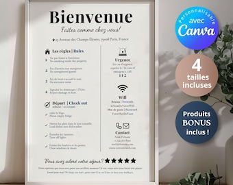 Modello di cartello di benvenuto Airbnb bilingue: francese e inglese, stampabile su Canva (download digitale)