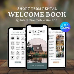 Redigerbar Airbnb-välkomstbokmall, Canva semesterbostadsguide för stuga eller stuga (digitalt)