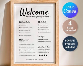 Airbnb Welcome Sign Template, Vacation Rental House Rules (Canva Editable, Digital Download)
