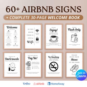 May include: A collection of 60+ printable Airbnb signs and a 30-page welcome book template. The set includes black and white instructional signs for guests, featuring text and icons for house rules, Wi-Fi, coffee, bathroom etiquette, and social media.