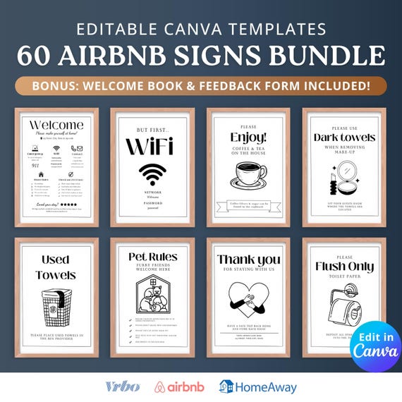 Airbnb signs bundle template, airbnb welcome sign, airbnb welcome book, wifi sign, House rules poster, airbnb checkout list, airbnb signage