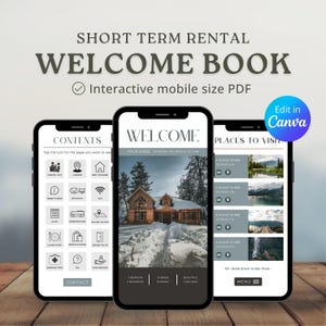 Short Term Rental Welcome Book Template, Cabin-Themed Interactive Mobile Size PDF, Canva Editable