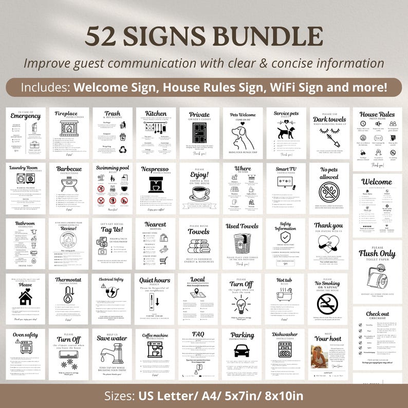 This bundle includes 52 editable signs for your rental: Welcome sign, shoes off, leave us a review, house rules, pool rules and more!