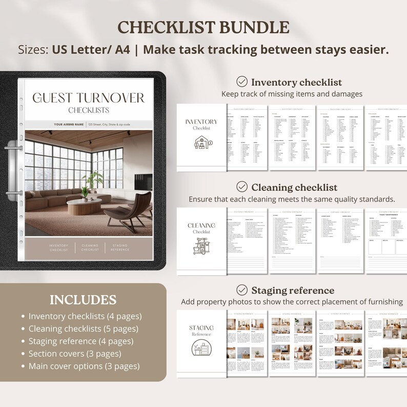 Editable cleaning checklist bundle for Airbnb hosts, including detailed cleaning, inventory, and staging templates to keep your rental spotless and organized.