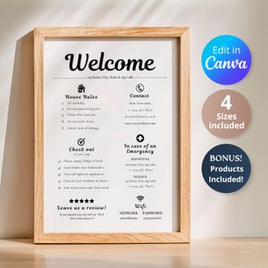 Plantilla de cartel de bienvenida de Airbnb, normas de la casa y wifi (editable en Canva, descarga digital)