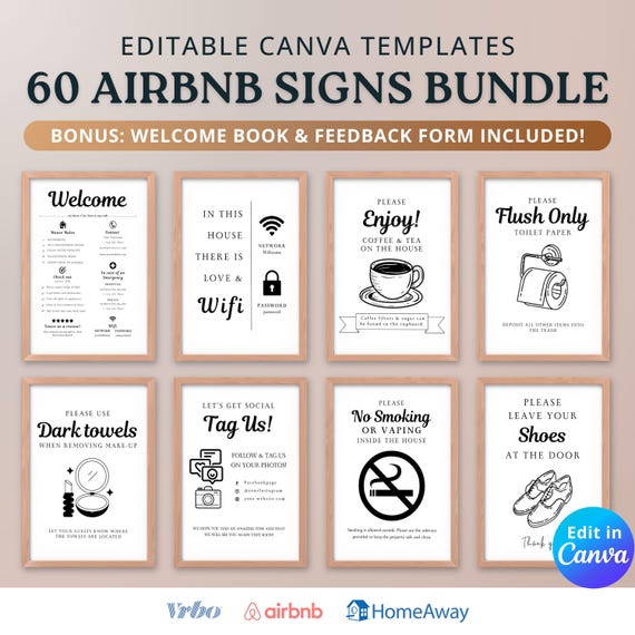 Airbnb Sign Bundle Template, Vacation Rental Signs & Welcome Book, Rental Home Signage, Guest Book, Airbnb VRBO Host Essentials, Wifi Sign