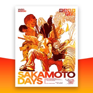 May include: A manga cover featuring a group of characters in a dynamic pose. The cover is in shades of orange and yellow, with the title "Sakamoto Days" in large, bold letters. The text "Yuto Suzuki" is in the top left corner, and the text "サカモト デイズ" is in the top right corner.