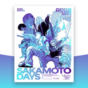 May include: A poster for the manga "Sakamoto Days" by Yuto Suzuki. The poster features a group of characters in a dynamic pose, with a blue and purple colour scheme. The title "Sakamoto Days" is prominently displayed at the bottom of the poster, along with the author's name and the series' tagline: "Action Comedy Manga."