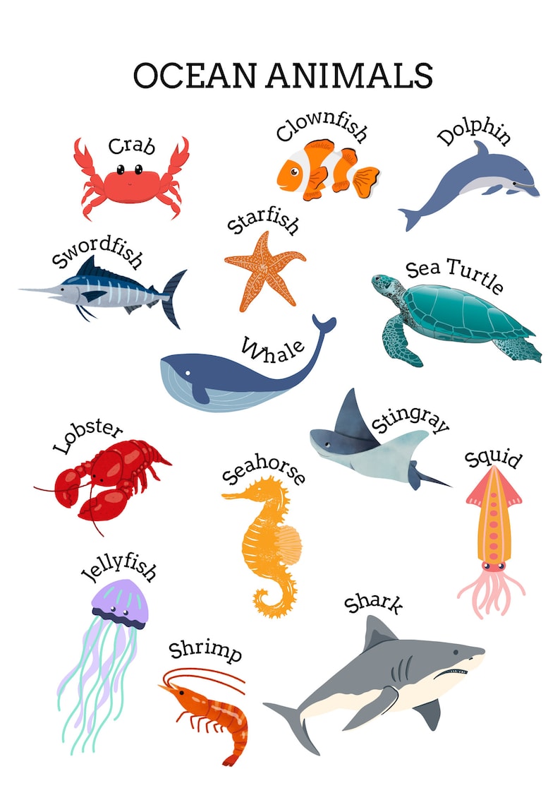 Ocean Animals Printable Poster Educational Poster Playroom Poster Ocean Animals Printable Poster Educational Poster Playroom Poster