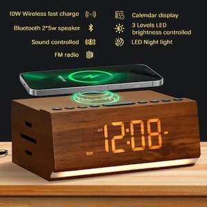 Mutilfunctional Bluetooth Speaker, Wooden LED Alarm Clock with FM Radio, 10W Fast Wireless Charger with Night Light, Mothers Father Day Gift