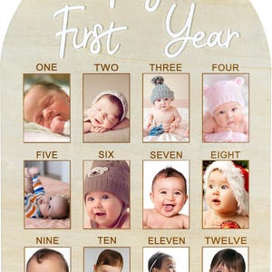 May include: Wooden baby milestone photo frame with the words 'My First Year' in white script. The frame has twelve photo slots, each labeled with a month from one to twelve. Each slot contains a baby photo. The frame is light brown with an arched top.