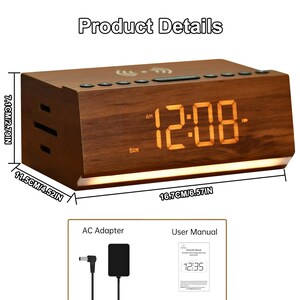Mutilfunctional Bluetooth Speaker, Wooden LED Alarm Clock with FM Radio, 10W Fast Wireless Charger with Night Light, Mothers Father Day Gift image 2