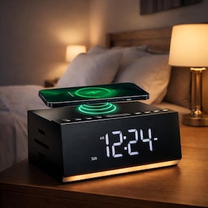 Digitaler Wecker mit kabellosem Laden, Bluetooth-Lautsprecher und UKW-Radio