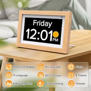 May include: A digital clock with a light wood frame displays "Friday 12:01 PM" on a black screen. Features include a 7-inch LCD display, alarm, snooze, and extra-large font. Additional icons indicate pill reminder, 9 languages, DST function, 4 themes, and auto-dimming.
