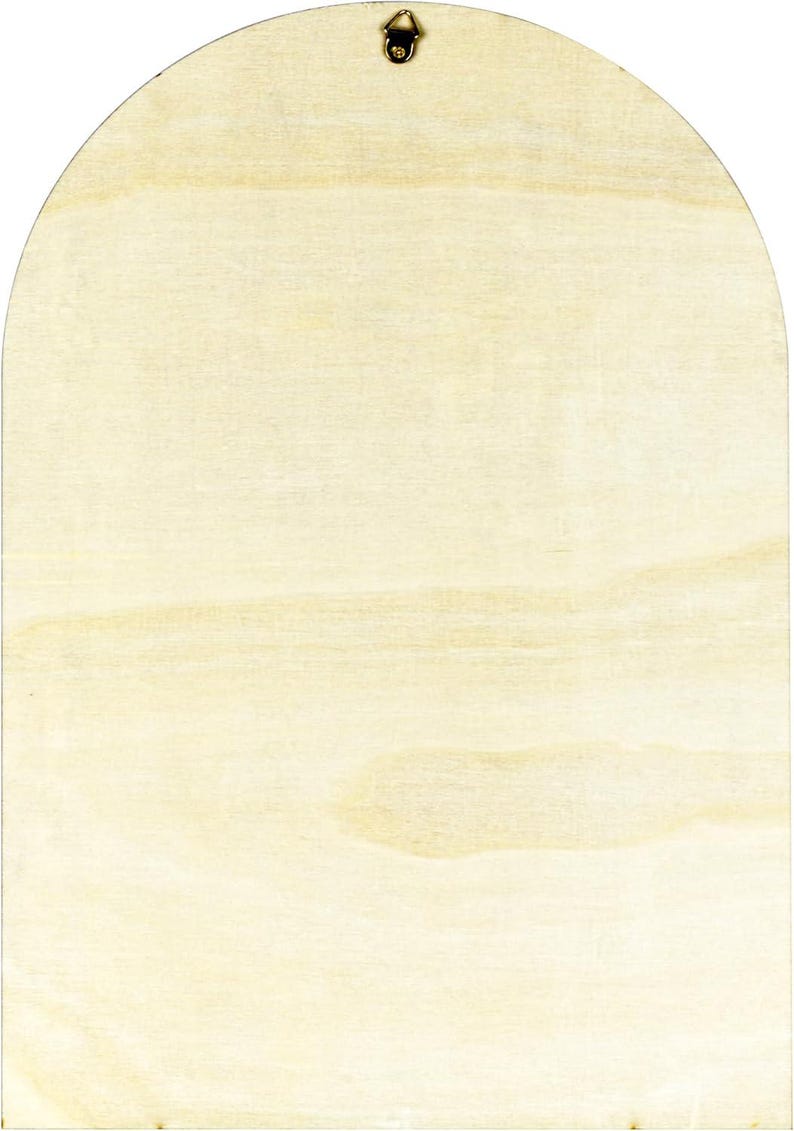 May include: Wooden arched wall decor. The wall decor is made of light-colored wood with a natural grain pattern. A metal hook is attached at the top for hanging. The shape is a rounded arch, suitable for various decorative purposes.