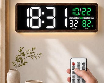 16.5" Large Digital LED Wall Clock with Timer,Wood Grain Clock with Light,Dual Alarms,Remote Control, Temperature for Classroom Gaming.